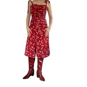 Sun dress, Red dress, white flora, ruched, ruffle, petite, Petite studio, summer